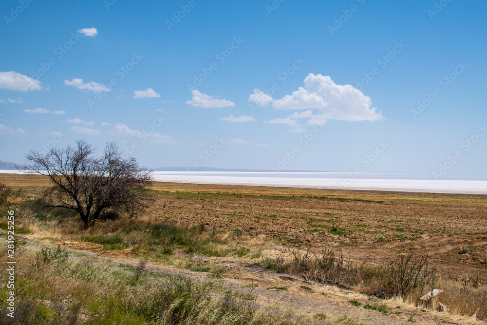 Obraz premium Turkey, Central Anatolia Region: aerial view of the salt expanse of Lake Tuz, Tuz Golu, known as the Salt Lake, the second largest lake in Turkey and one of the largest hypersaline lakes in the world