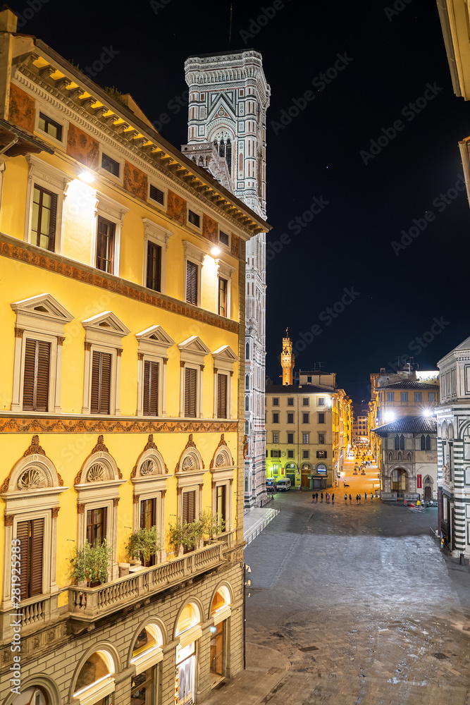 Florence city, Italy. Aerial cityscape view to Santa Maria del Fiore cathedral (Basilica of Saint Mary of the Flower) at night