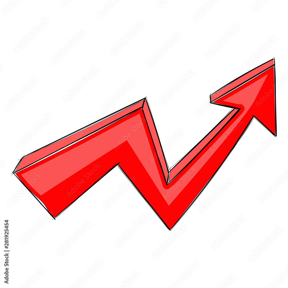 Red UP arrow. Financial rising trend graph. Hand drawn sign Red UP arrow. Financial rising trend graph. Hand drawn sign