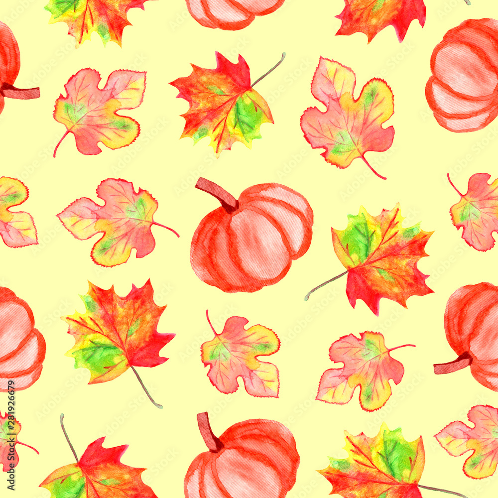 Watercolor autumn seamless pattern with pumpkin and colorful leaves on a yellow background. Hand drawn illustration. Paper and fabric design