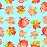 Colorful watercolor seamless pattern with pumpkin and autumn leaves on a blue background. Hand drawn illustration. Paper and fabric design
