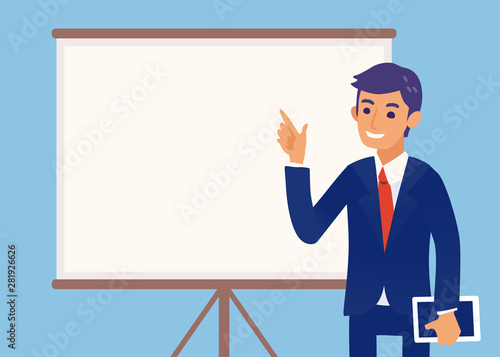 happy businessman with tablet make presentation with blank white board vector cartoon character illustration