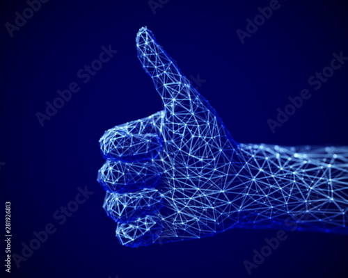 Concept of social network and media: digital human hand with thumb up gesture. Polygonal 3D like symbol. Abstract visualization of goal achievement and business success. EPS 10, vector illustration.