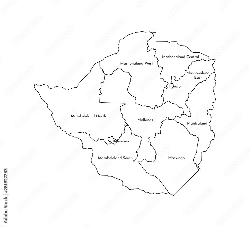 Fototapeta premium Vector isolated illustration of simplified administrative map of Zimbabwe. Borders and names of the provinces (regions). Black line silhouettes