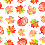 Colorful watercolor seamless pattern with pumpkin and autumn leaves. Hand drawn illustration. Paper and fabric design