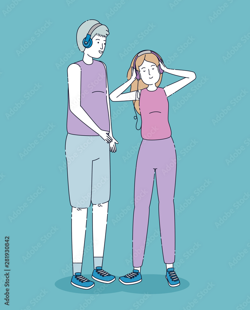 happy boy and girl enjoying with headphones happy boy and girl enjoying with headphones