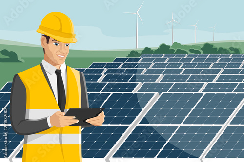 Engeneer with tablet computer on a background of solar energy power station and wind turbines. Vector illustration