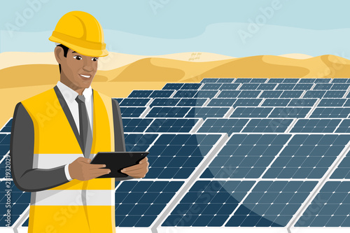 Black african american engeneer with tablet computer on a background of solar energy power station in a desert. Vector illustration