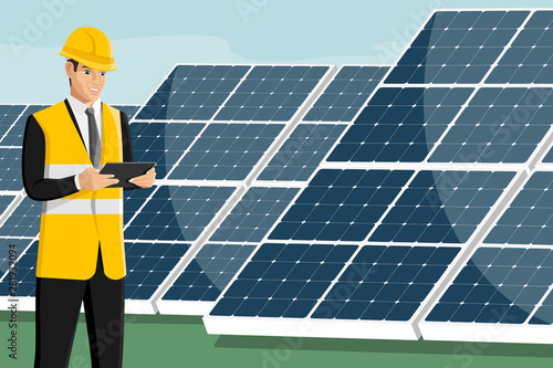 Engeneer with tablet computer on a background of solar energy power station. Vector illustration