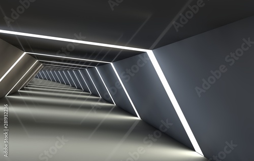 Abstract tunnel with gaps, with a reflective floor and ceiling