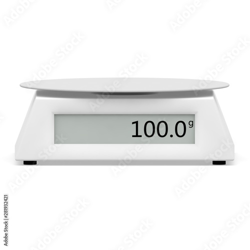 Electronic scales show 100 grams, on a white isolated background. There is a free space for your design