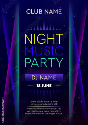 Vertical music party poster with color graphic elements, dark background and text.  