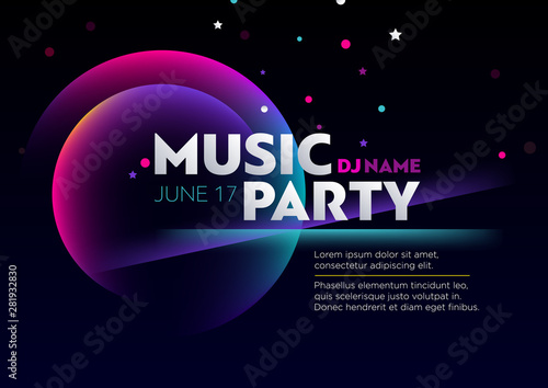Horizontal music party poster with bright color graphic elements, dark background and text.  
