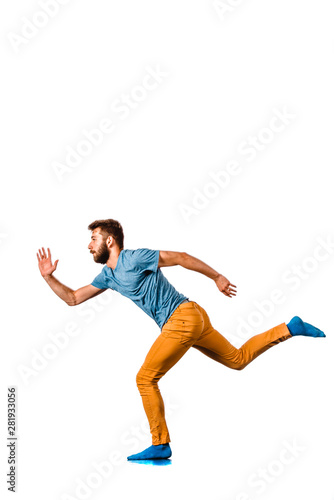 Urban man break dancing isolated on white background
