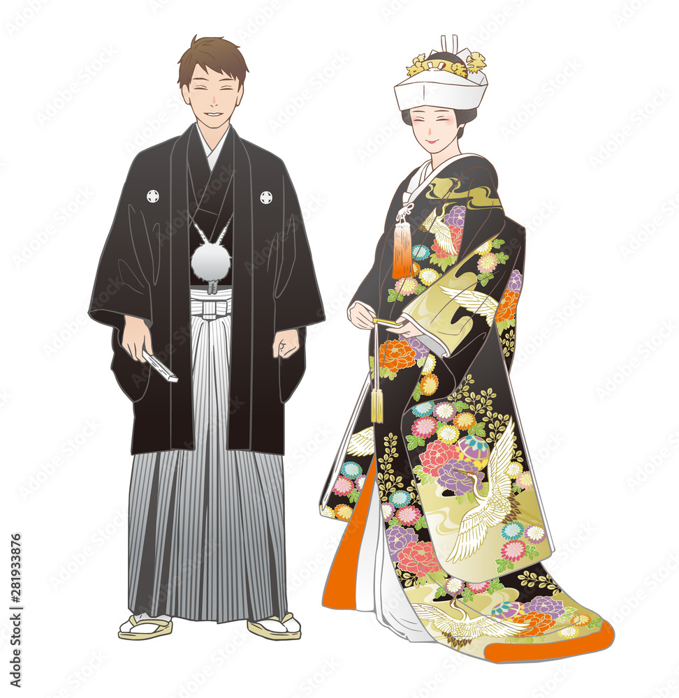 神前結婚式を挙げる夫婦。紋付羽織袴・色打掛（角隠し）。