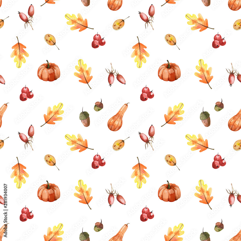 Watercolor autumn seamless pattern. Autumn leaves, pumpkins and acorns on white background 