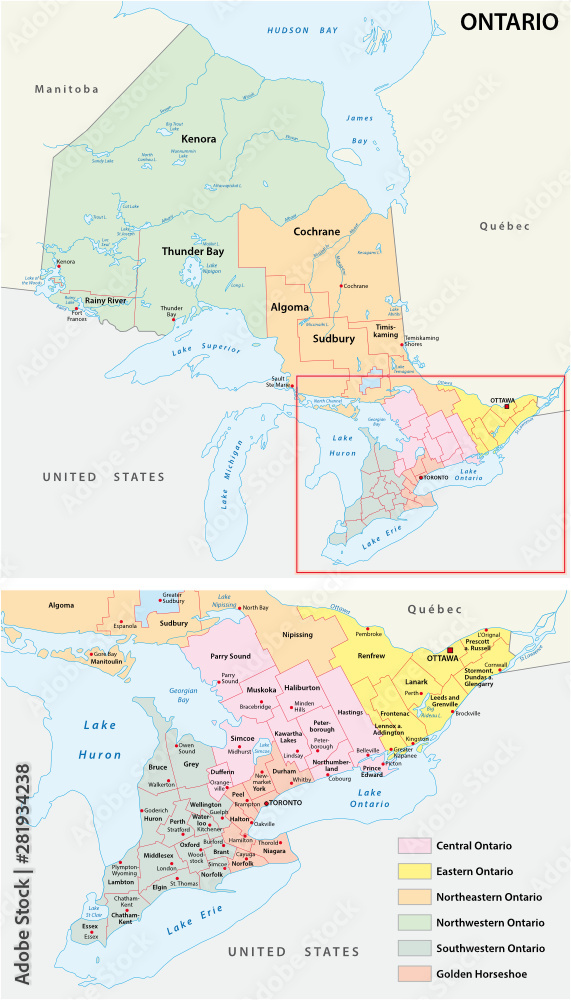 administrative map of the regions in Canada s province of Ontario