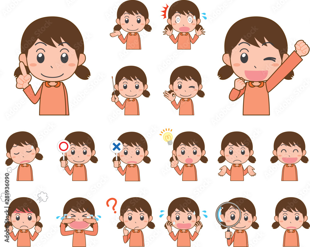 子ども 女の子 表情 感情 セット 主線あり 子ども 女の子 表情 感情 セット 主線あり