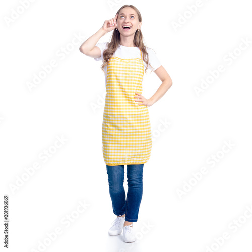 Woman in yellow apron smile got idea on white background isolation
