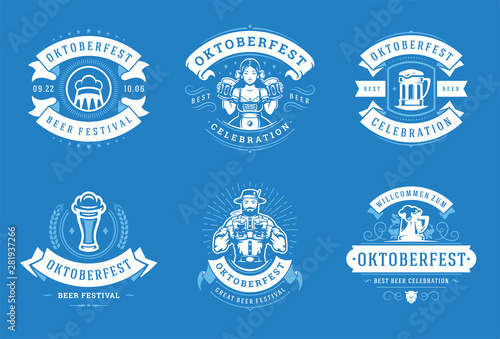 Oktoberfest badges and labels set vintage typographic design templates vector illustration.