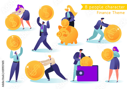 Flat, сartoon, vector Illustration collection. Different successful people characters making money. Business and finance, saving money theme. Career, salary, earnings profit.Corporate business people 