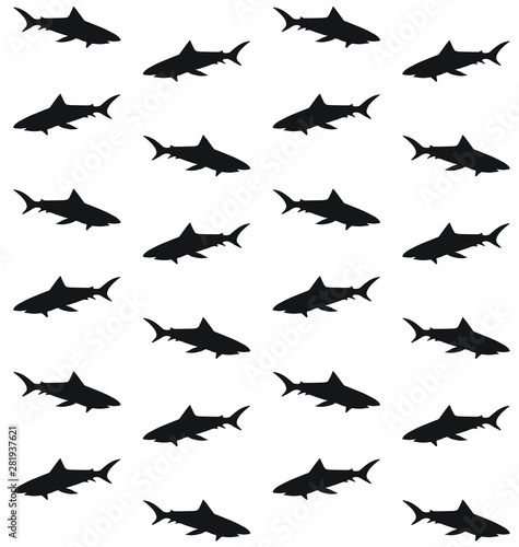 Vector seamless pattern of black silhouette of shark isolated on white background 