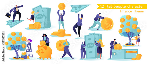 Flat, сartoon, vector Illustration collection. Different successful people characters making money. Business and finance, saving money theme. Career, salary, earnings profit. photo