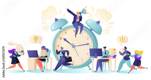 Office workers and business people working overtime at Deadline. Flat сartoon  characters work in high stress conditions and under hard boss pressure. Time management on the road to success. 