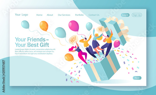 Concept of landing page on birthday celebrations theme. Joyful, flat characters people jump out of the gift box with confetti and balloons. Friends made a surprise. Your best gift is your friends. 