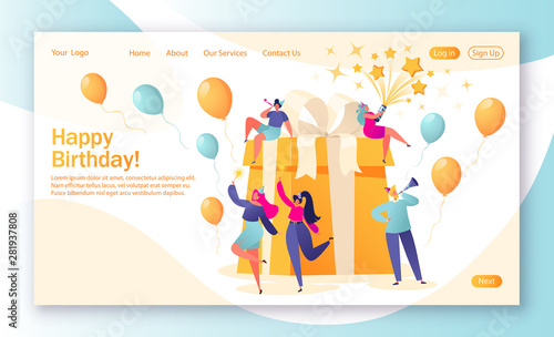 Concept of landing page with birthday celebrations theme. Birthday party celebration with friends. People blow their whistles, dance and celebrate the holiday around a big, beautiful, bright gift.