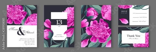 Botanical wedding invitation card. Template design with pink peonies  flowers and leaves. Modern, realistic style, hand drawn illustration. Collection of Save the Date and RSVP in vector EPS format.