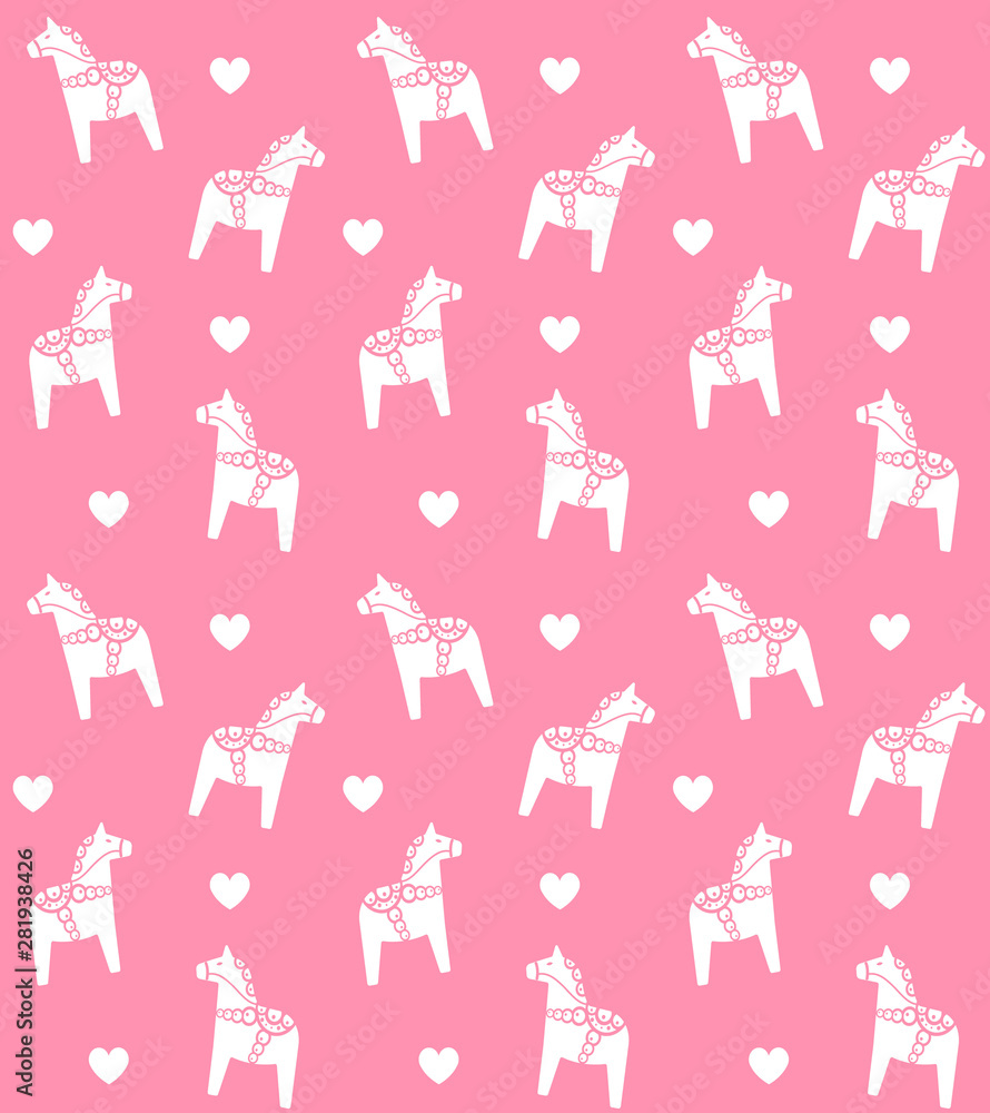 Vector seamless pattern of flat cartoon white Scandinavian Swedish horse isolated on pink background Vector seamless pattern of flat cartoon white Scandinavian Swedish horse isolated on pink background