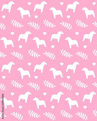 Vector seamless pattern of flat cartoon white Scandinavian Swedish horse and leaves isolated on pink background