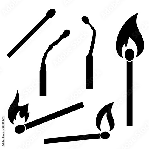 Burning and burnt matches. Isolated vector icons on white background.