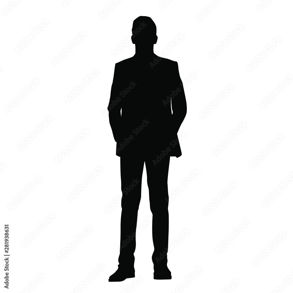 Vector silhouette of a man in a business suit standing, black color isolated on white background
