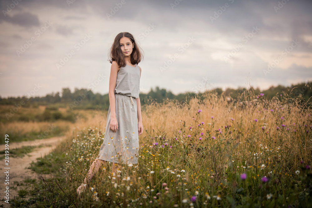 girl walks in the field on a summer evening girl walks in the field on a summer evening