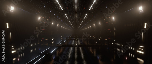 Spaceship interior bridge corridor with hazy misty atmospheric lights, 3d Render	