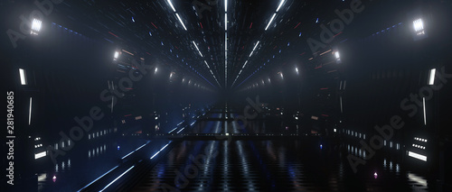 Obraz na płótnie Spaceship interior bridge corridor with hazy misty atmospheric lights, 3d Render