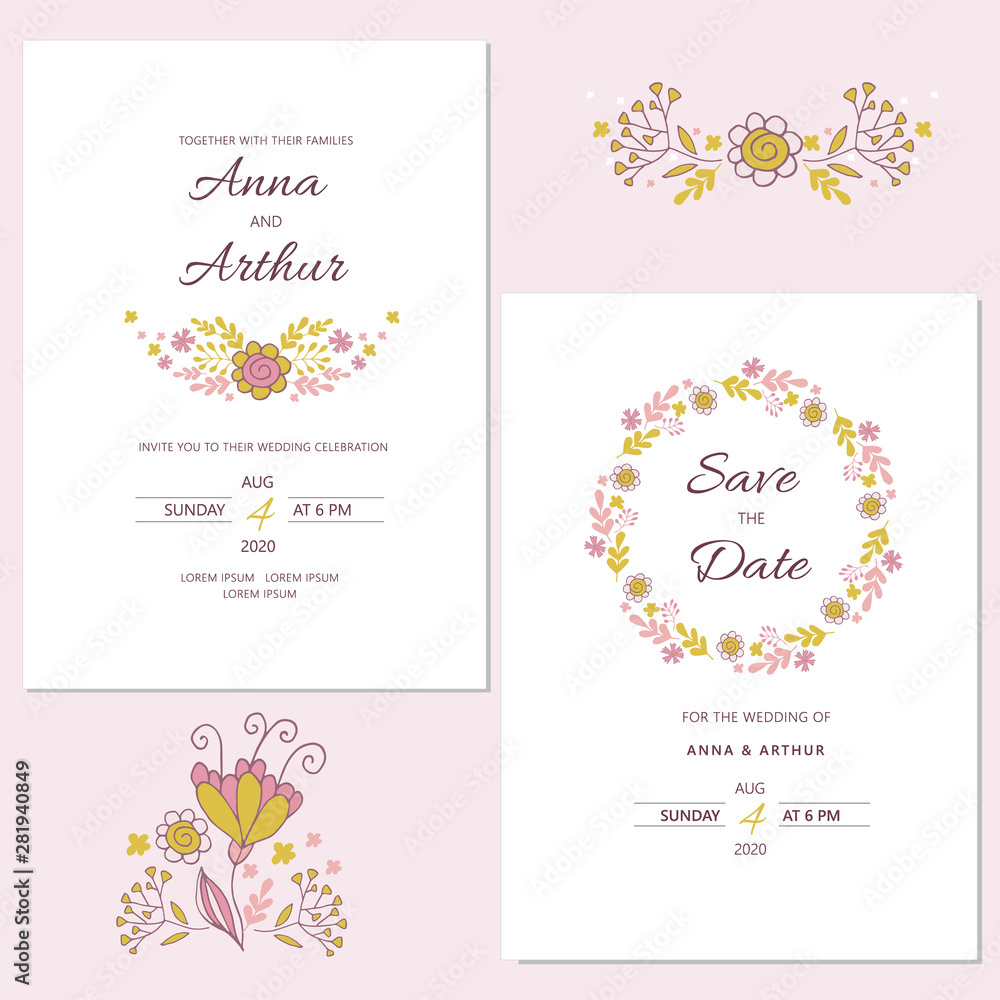 Wedding floral invitation set with floral wreath.