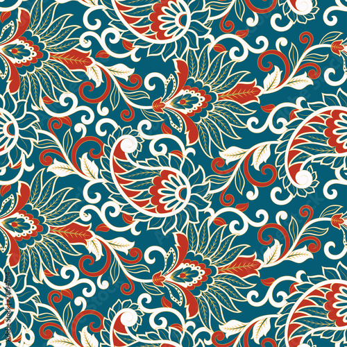 Paisley ethnic seamless pattern with floral elements.