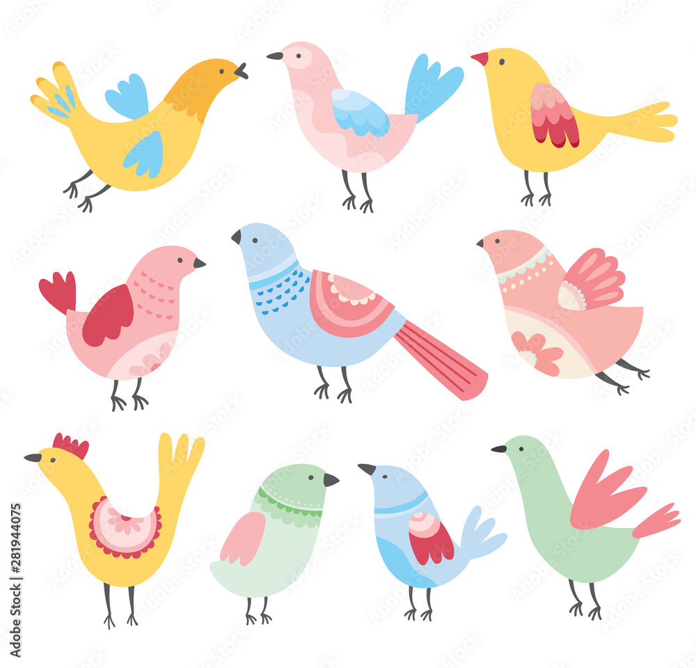 Obraz premium Cute birds vector. Cartoon set of colorful birds. Whimsical spring birds. Colorful and happy. 