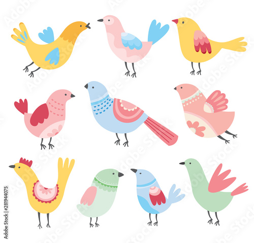 Cute birds vector. Cartoon set of colorful birds. Whimsical spring birds. Colorful and happy. 