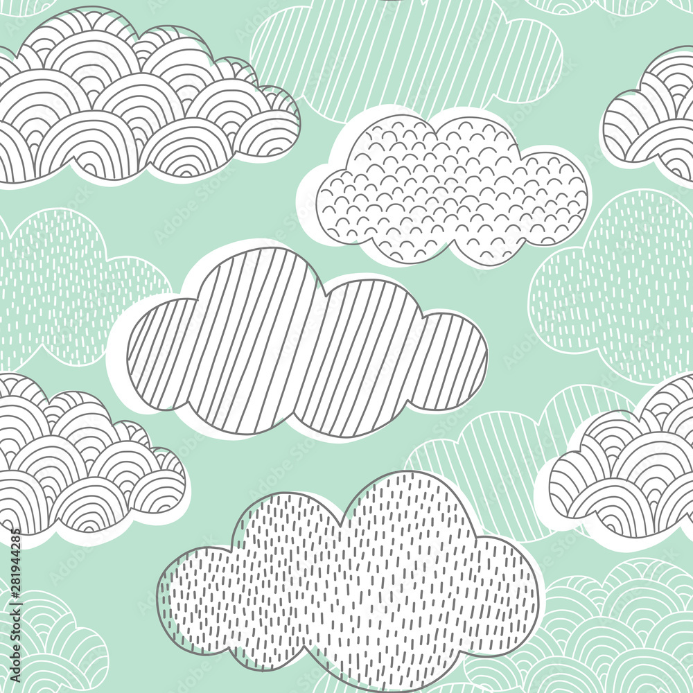 Fototapeta premium Doodle clouds vector seamless pattern. Hand drawn graphic tileable background. 