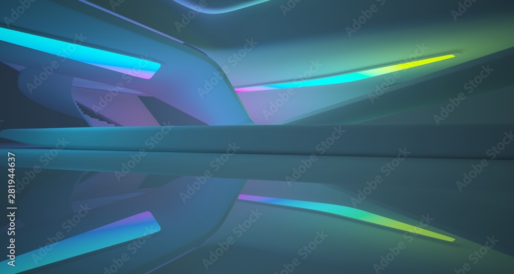 Abstract architectural smooth white interior of a minimalist house with color gradient neon lighting. 3D illustration and rendering. Abstract architectural smooth white interior of a minimalist house with color gradient neon lighting. 3D illustration and rendering.