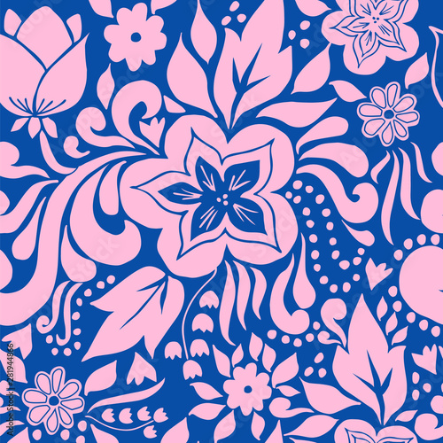 Pink and blue floral seamless pattern