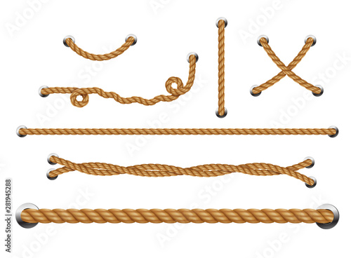 Set of looped ropes with metal holes. Rope threads.