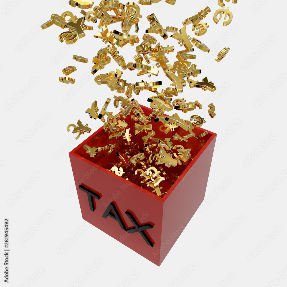 A 3D rendering of symbols of the five major World Currencies fall into a red box with the word 'TAX' in black lettering on it's side. Isolated on a white background.