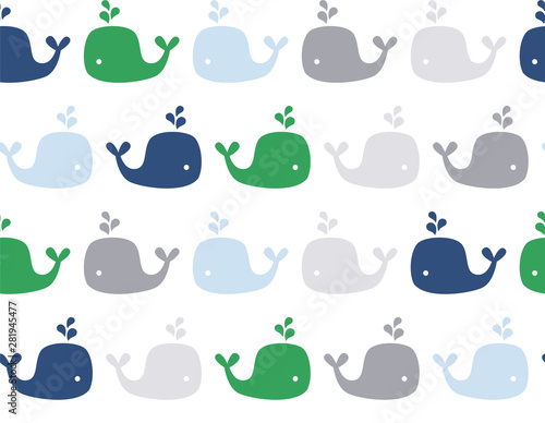 Cute whale vector pattern. Seamless background in scandinavian style. Baby boy print. 