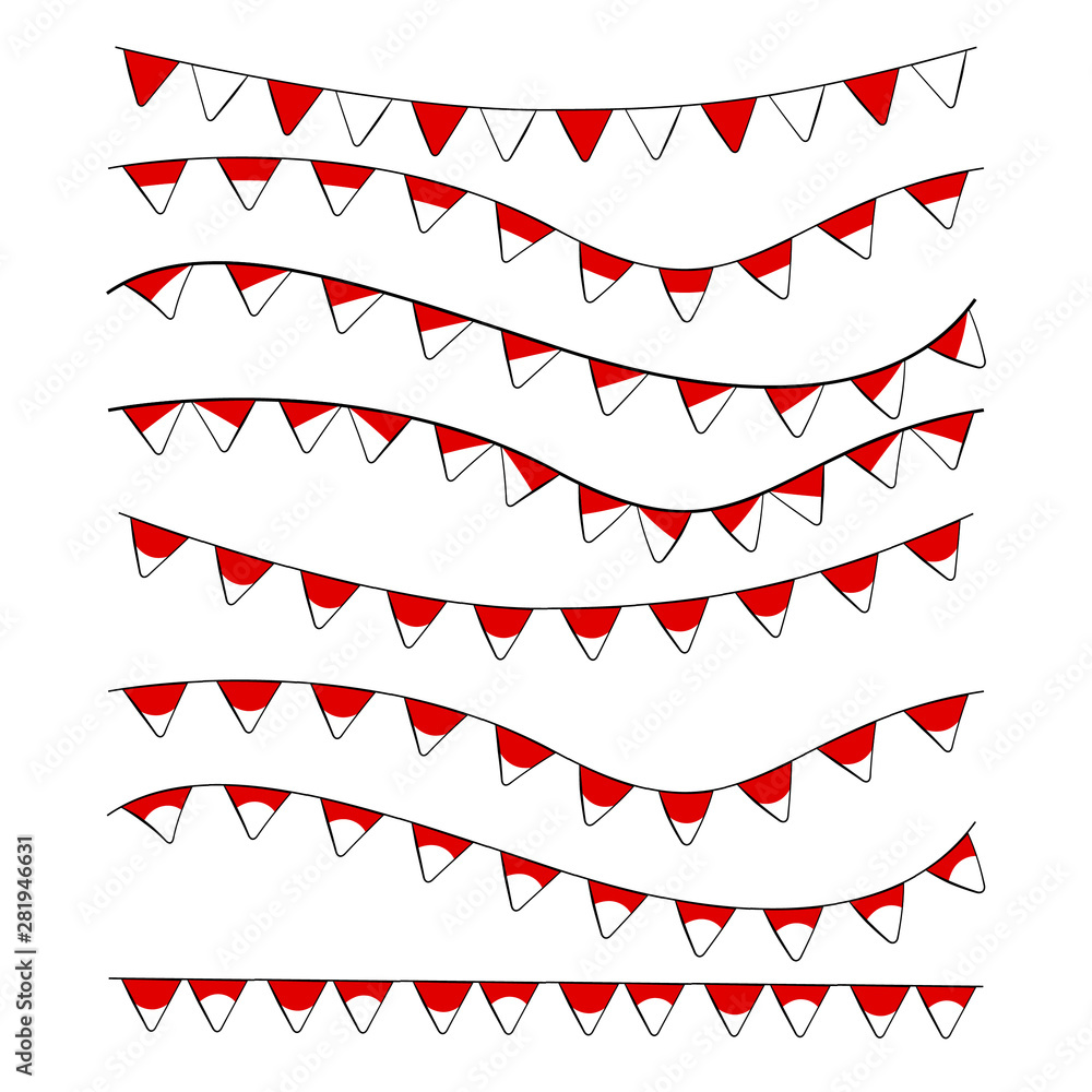 Fototapeta premium Simple Vector bundle, 8 different wave and shape garland hanging Red and White flag with Rope, for Indonesia Independence Day Celebration Day element design,
