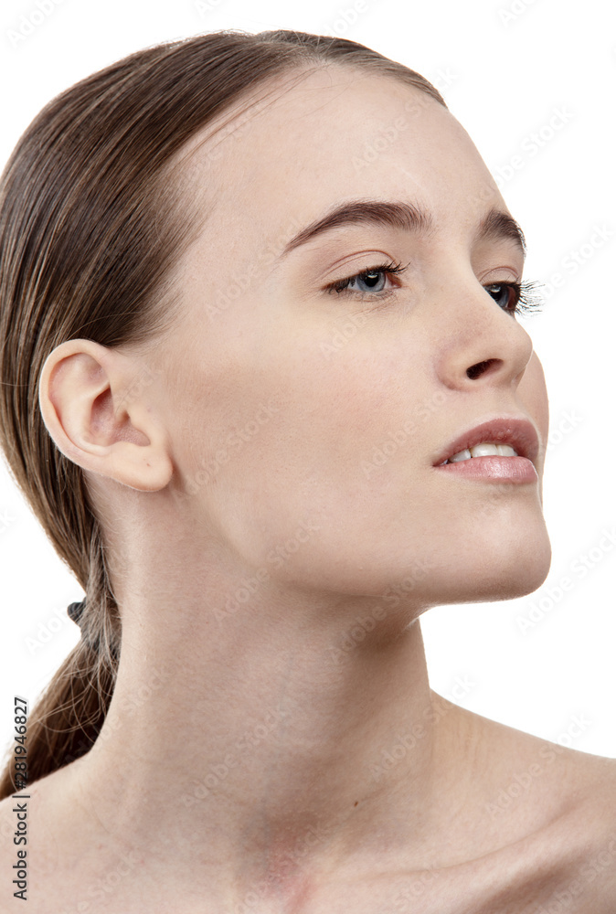 Clean the girl's face on a white, isolated background Clean the girl's face on a white, isolated background